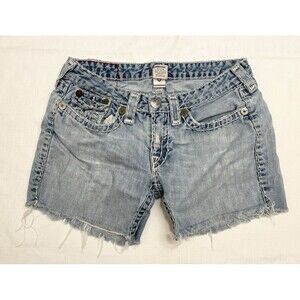 True Religion Jean Shorts Size 31 32” Joey Super T Distressed Denim Hand Cut